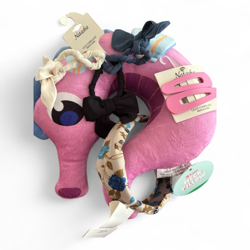 NWT Bundle Pink Seahorse Plush Neck Pillow with Hair Accessories